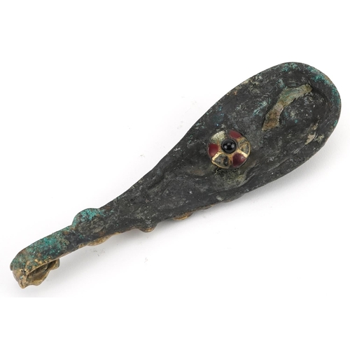 1485 - Chinese partially gilt bronze ruyi sceptre with hardstone inlay, 20cm in length