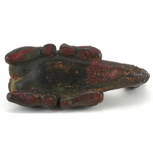 1571 - Chinese partially gilt and red lacquered bronze camel, 18cm in length