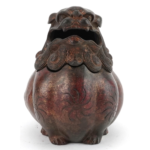 265 - Chino Tibetan partially gilt and red lacquered incense burner in the form of a mythical animal, char... 