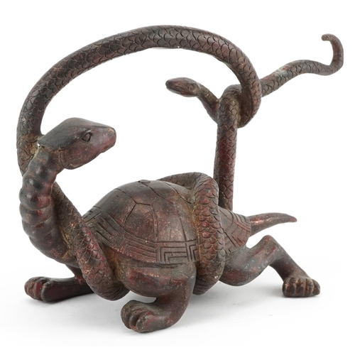 1296 - Chinese partially gilt and red lacquered bronze of a mythical tortoise and serpent, 26cm in length