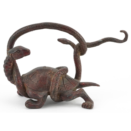 1296 - Chinese partially gilt and red lacquered bronze of a mythical tortoise and serpent, 26cm in length