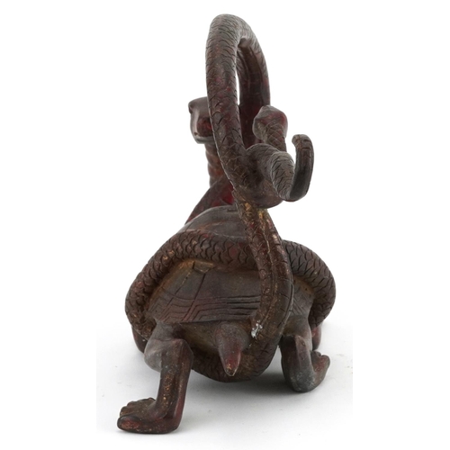 1296 - Chinese partially gilt and red lacquered bronze of a mythical tortoise and serpent, 26cm in length