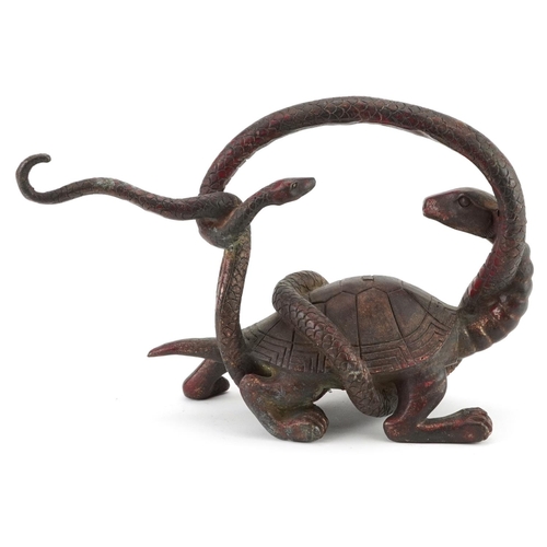 1296 - Chinese partially gilt and red lacquered bronze of a mythical tortoise and serpent, 26cm in length