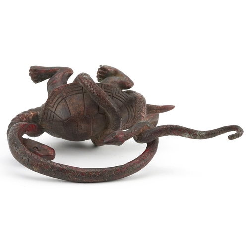 1296 - Chinese partially gilt and red lacquered bronze of a mythical tortoise and serpent, 26cm in length