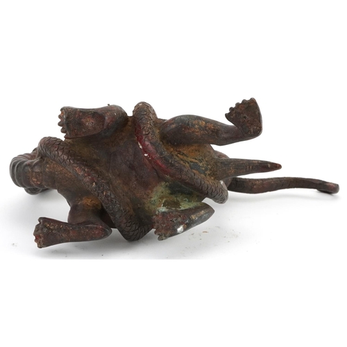 1296 - Chinese partially gilt and red lacquered bronze of a mythical tortoise and serpent, 26cm in length