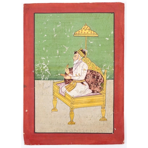 768 - Emperor on daybed, Indian Mughal school gouache on paper, calligraphy verso, unframed, 22.5cm x 16cm