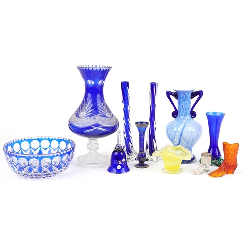 1355 - 19th century and later glassware including a Bohemian blue overlaid vase, Bohemian blue overlaid bow... 