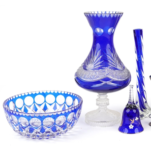 1355 - 19th century and later glassware including a Bohemian blue overlaid vase, Bohemian blue overlaid bow... 