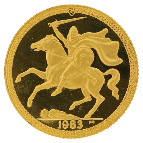 2044 - Elizabeth II Isle of Man 1983 Manx gold proof sovereign housed in a Pobjoy Mint book design case