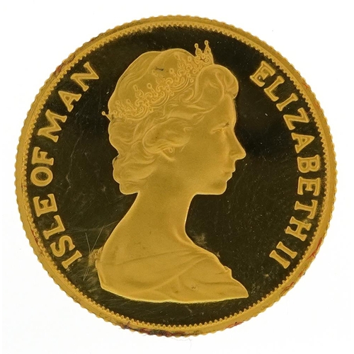 2044 - Elizabeth II Isle of Man 1983 Manx gold proof sovereign housed in a Pobjoy Mint book design case