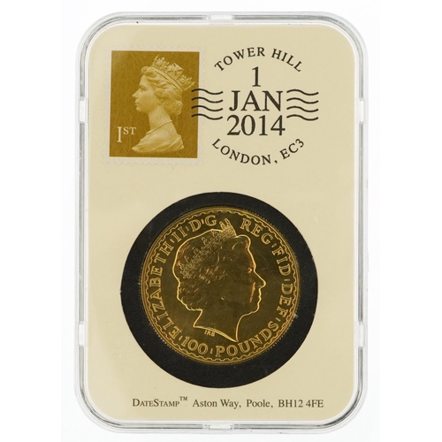 2048 - Elizabeth II 2014 Britannia one ounce fine gold one hundred pound coin housed in a Tower Hill date s... 