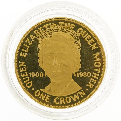 2045 - Elizabeth II Isle of Man 1980 gold proof crown commemorating Queen Mother's 80th birthday