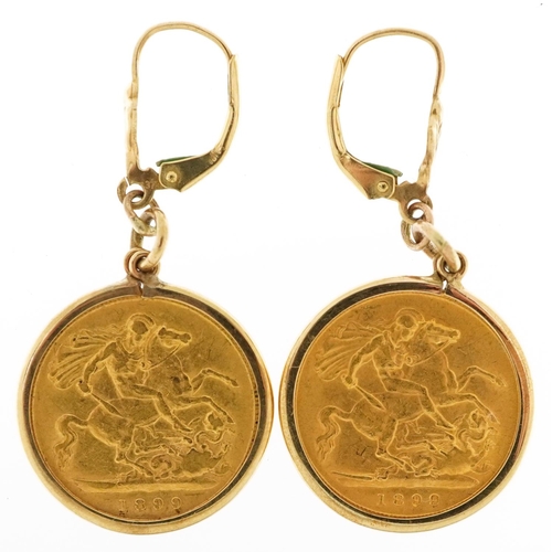 2031 - Pair of Queen Victoria 1899 gold half sovereigns housed in 9ct gold earring mounts, total 10.2g