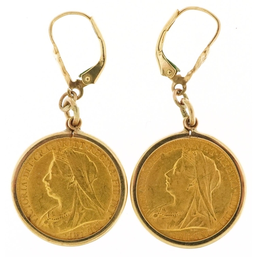 2031 - Pair of Queen Victoria 1899 gold half sovereigns housed in 9ct gold earring mounts, total 10.2g