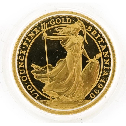 2036 - Elizabeth II 1990 Britannia 1/10th ounce fine gold ten pound coin housed in a fitted Royal Mint case... 