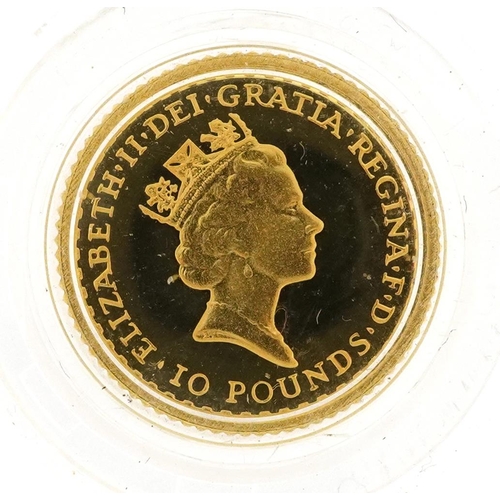 2036 - Elizabeth II 1990 Britannia 1/10th ounce fine gold ten pound coin housed in a fitted Royal Mint case... 