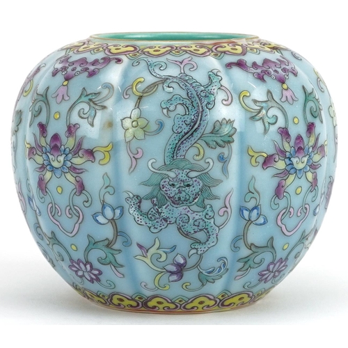 97 - Chinese porcelain purple and turquoise ground vase hand painted in the famille rose palette with myt... 