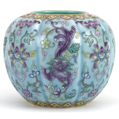 97 - Chinese porcelain purple and turquoise ground vase hand painted in the famille rose palette with myt... 