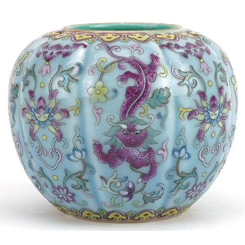 97 - Chinese porcelain purple and turquoise ground vase hand painted in the famille rose palette with myt... 