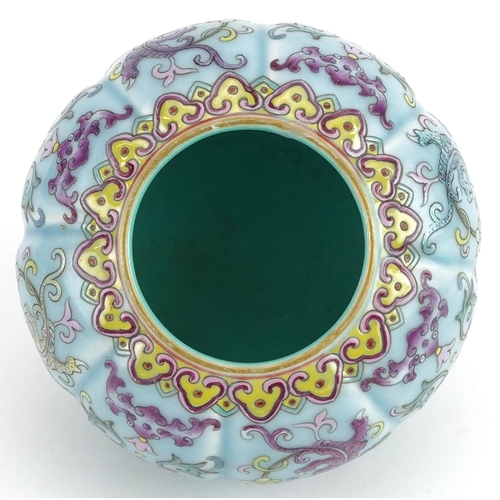 97 - Chinese porcelain purple and turquoise ground vase hand painted in the famille rose palette with myt... 