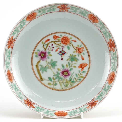 344 - Chinese porcelain shallow dish hand painted in the famille rose palette with flowers, six figure iro... 