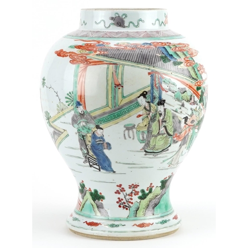 Chinese porcelain baluster vase hand painted in the famille verte palette with emperors and attendants in a palace setting, Kangxi blue ring marks to the base, 32.5cm high