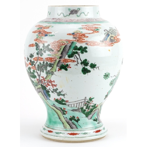 411 - Chinese porcelain baluster vase hand painted in the famille verte palette with emperors and attendan... 
