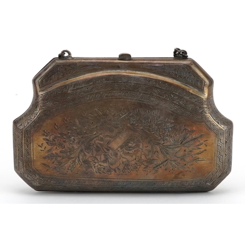 397 - 19th century heavy unmarked silver concertina purse profusely engraved with foliage, tests as silver... 