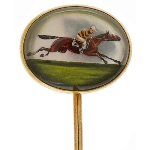 2230 - 14ct gold Essex Crystal jockey on horseback stickpin, 6cm in length, 3.6g