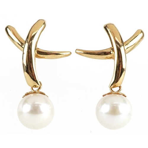 2267 - Pair of 14ct gold pearl drop earrings, possibly Mikimoto, 2.3cm high, 4.0g