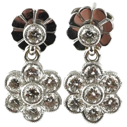 2261 - Pair of unmarked white gold diamond flower head drop earrings, each diamond approximately 2.20mm in ... 
