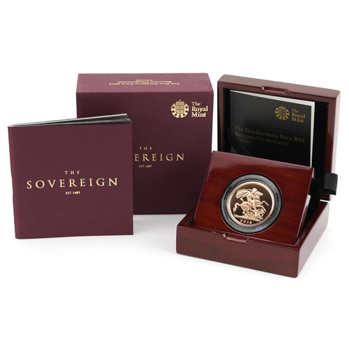 2040 - Elizabeth II 2015 brilliant uncirculated five-sovereign piece by The Royal Mint with fitted case, di... 