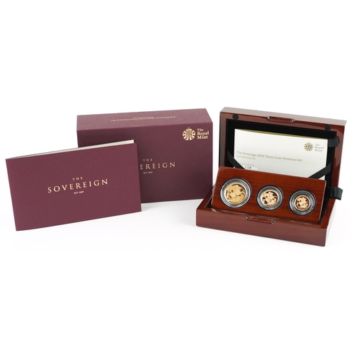 Elizabeth II 2016 sovereign Three-Coin Premium set by The Royal Mint comprising double sovereign, sovereign and half sovereign by The Royal Mint, housed in a fitted wooden case with display stand with booklet and certificate of authenticity numbered 120 and box