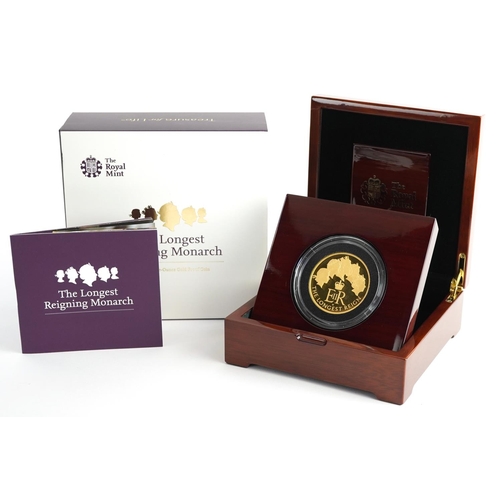 Elizabeth II 2015 five ounce gold proof coin by The Royal Mint commemorating The Longest Reigning Monarch with fitted case, display stand, booklet, certificate numbered 071, box and slip case