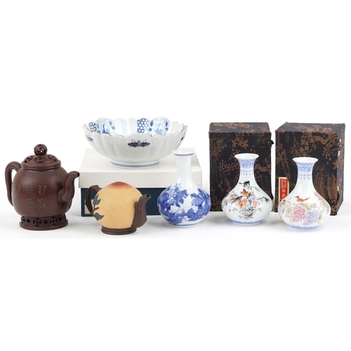 1302 - Chinese and Japanese ceramics including two Yixing teapots and two eggshell porcelain vases hand pai... 