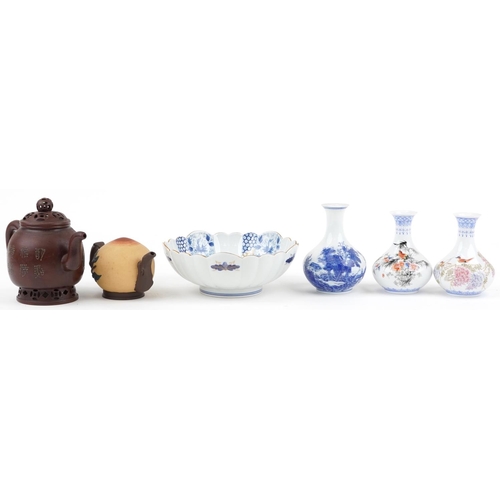 1302 - Chinese and Japanese ceramics including two Yixing teapots and two eggshell porcelain vases hand pai... 