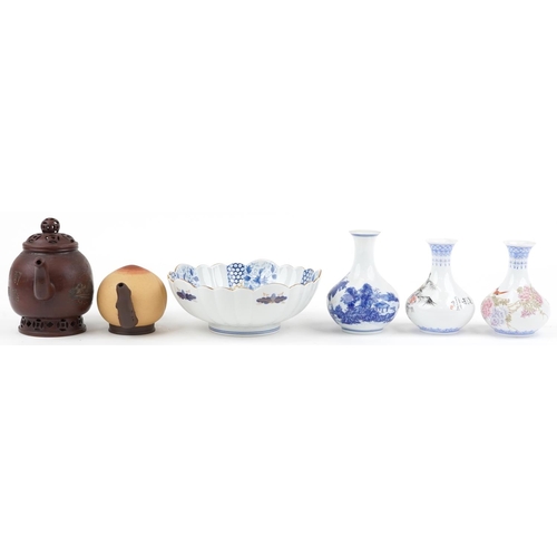 1302 - Chinese and Japanese ceramics including two Yixing teapots and two eggshell porcelain vases hand pai... 