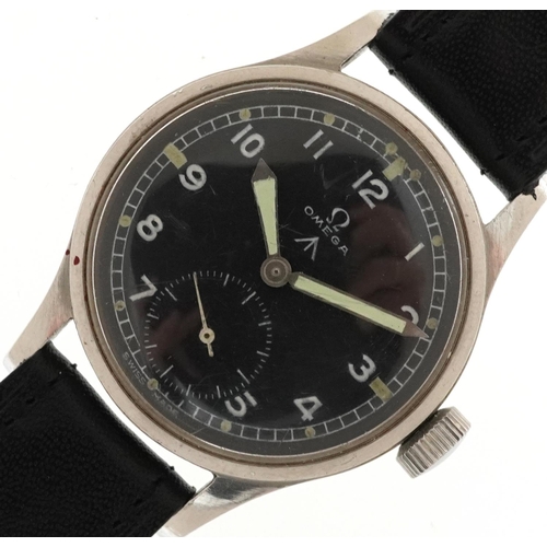 Omega, British military issue Dirty Dozen manual wind wristwatch having black and subsidary dials with Arabic numerals, the case engraved W.W.W. Y21697 10685896, the movement numbered 10279095, 35mm in diameter