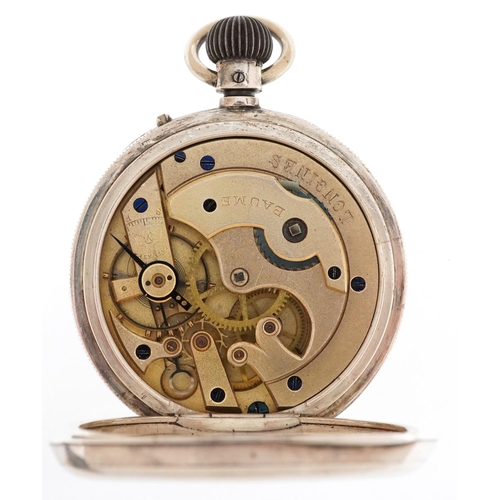 2766 - Longines, Victorian silver open face keyless pocket watch having enamelled and subsidiary dials with... 