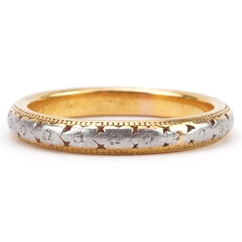 2260 - George V two tone engraved 22ct gold wedding band, London 1930, size L, 4.4g