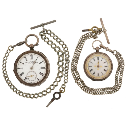 2756 - Two ladies and gentlemen's silver key wind open face pocket watches having enamelled dials and Roman... 