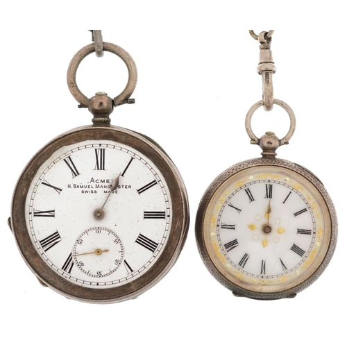 2756 - Two ladies and gentlemen's silver key wind open face pocket watches having enamelled dials and Roman... 