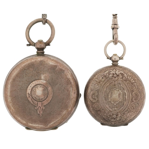 2756 - Two ladies and gentlemen's silver key wind open face pocket watches having enamelled dials and Roman... 