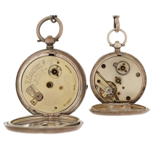 2756 - Two ladies and gentlemen's silver key wind open face pocket watches having enamelled dials and Roman... 