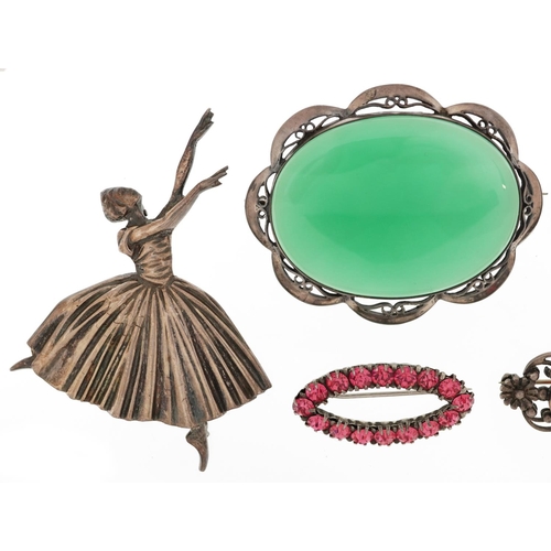 2761 - Silver jewellery including a brooch in the form of a ballerina by D H Phillips Ltd, hand painted por... 