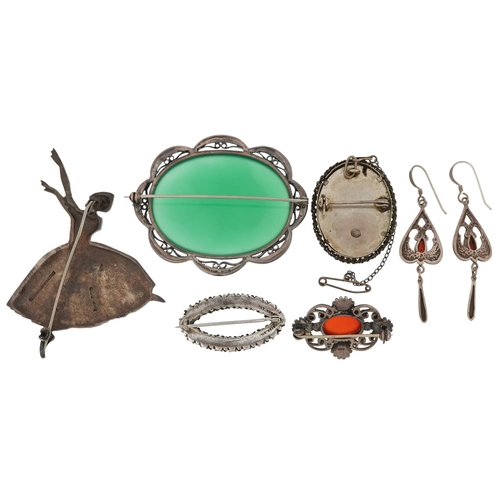 2761 - Silver jewellery including a brooch in the form of a ballerina by D H Phillips Ltd, hand painted por... 