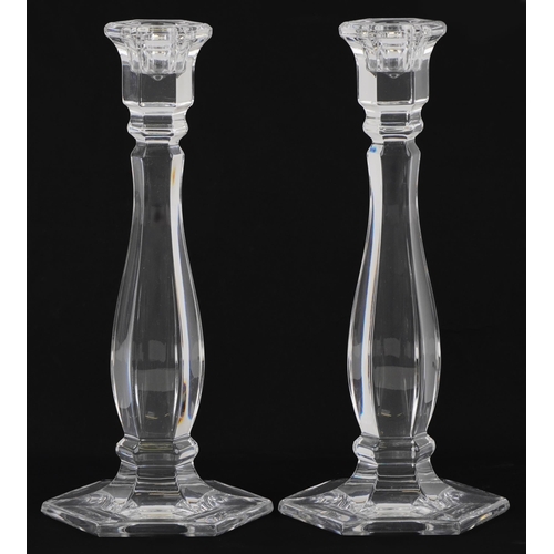 740 - Pair of Tiffany & Co hexagonal glass candlesticks, each 24cm high