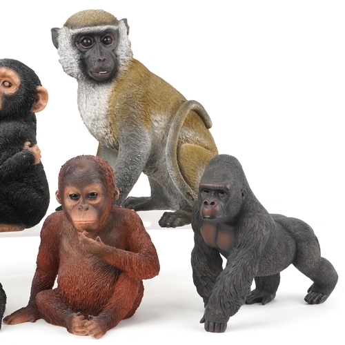 1290 - Six large hand painted model monkeys and a group of two chimpanzees, the largest 42cm high