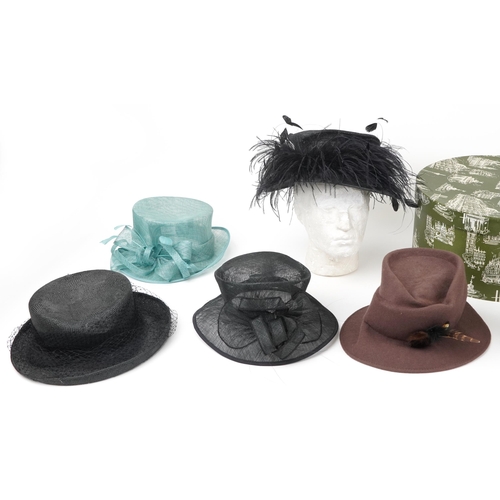 1656 - Vintage and later designer fascinator hats including a Harrods example with hatbox, the hatbox 38cm ... 