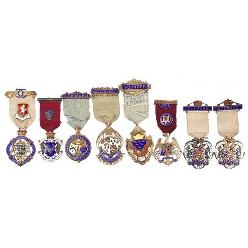Eight masonic silver and enamelled jewels including six Steward and one Founder, total 190g